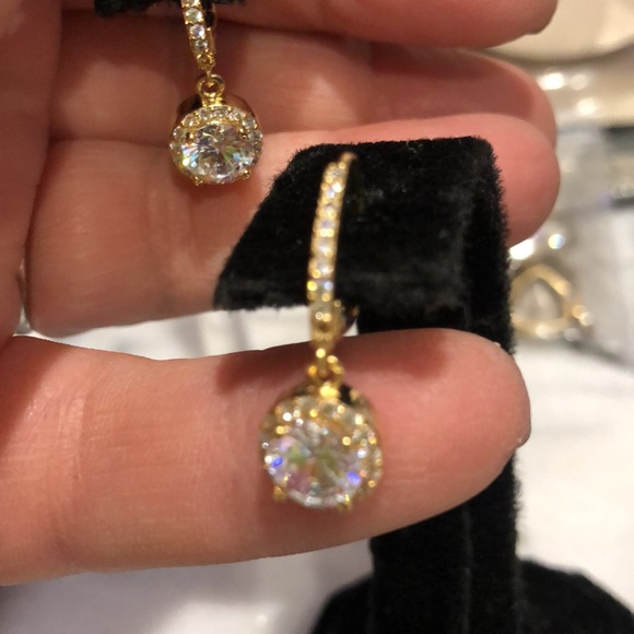 Gold Cubic Zirconia Halo French Wire Earrings-Boutique - Picture 5 of 7